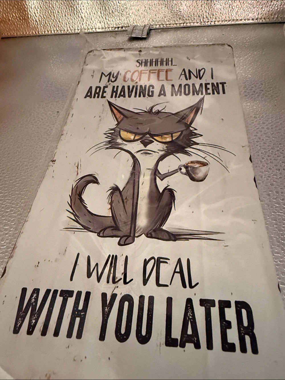 Coffee Cat Wall Sign - White Background with Brown Cat
